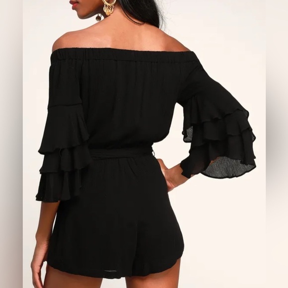 Lulus Flounce Sleeve Off the Shoulder Black Romper Size Small - Picture 3 of 8